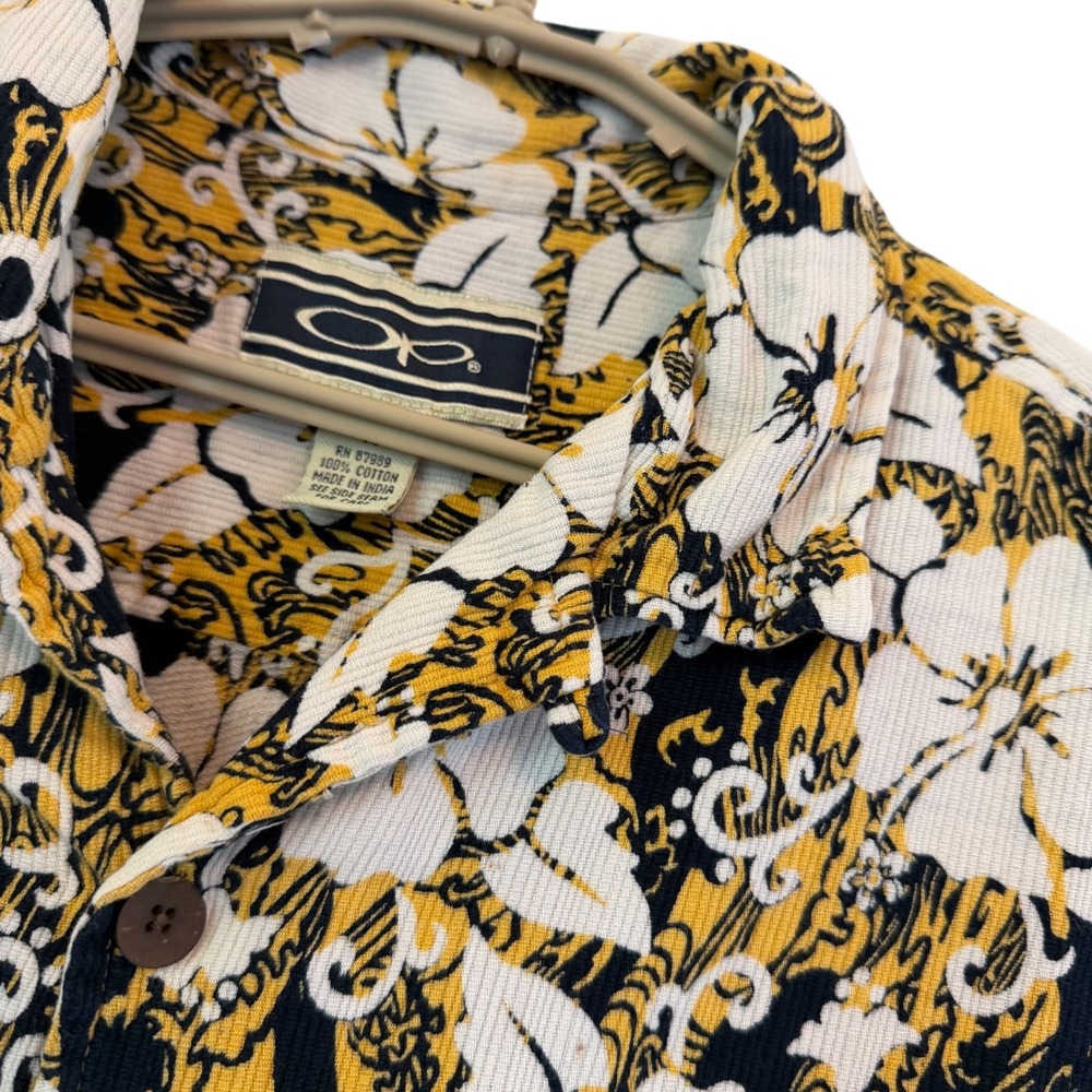 Ocean Pacific OP Med Floral Textured Cotton Button Shirt Yellow VTG Loop Collar - Picture 7 of 11